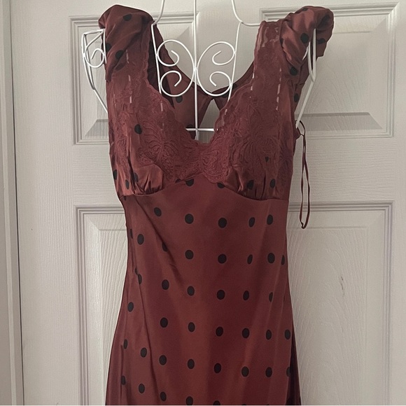 None Dresses & Skirts - Polka Dot Lace-Trim Maxi Dress in Chestnut Brown